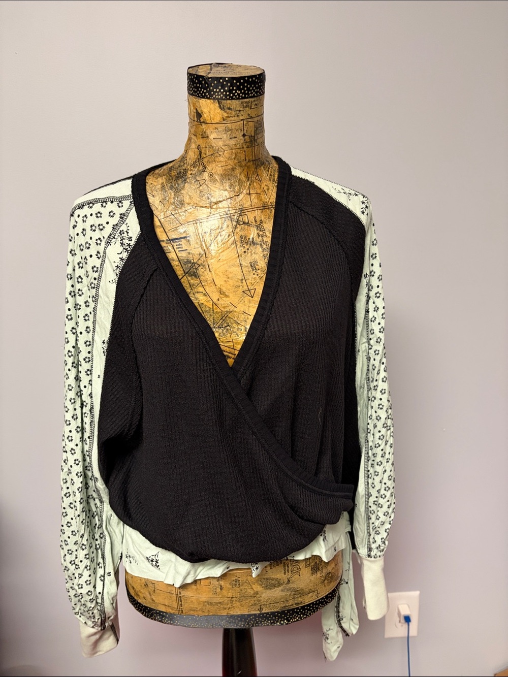 Free People Black Wrap look Front Top with mint Floral Sleevesand trim